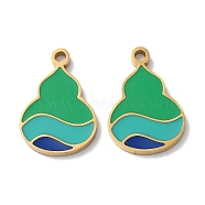 Ion Plating(IP) 304 Stainless Steel Pendants, with Enamel, Gourd Charm, Golden, Green, 17x11.5x1.5mm, Hole: 1.6mm(STAS-C083-18G-01)