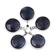 Natural Crackle Agate Pendants, with Platinum Plated Iron Bails and Settings, Flat Round, Dyed, Prussian Blue, 35~36x31x10~11mm, Hole: 6x9.5mm(G-N326-53)