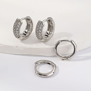 Elegant Brass Hoop Earrings, with Clear Cubic Zirconia, Silver, 11~12x2~4mm(BO1047)