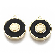 Brass Enamel Charms, Nickel Free, Flat Round with Screw Slotted Pattern, Real 18K Gold Plated, Black, 13x11x3mm, Hole: 1mm(KK-N232-50B-NF)