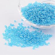 Round Glass Seed Beads, Trans. Colours Lustered, Light Blue, Size: about 2mm in diameter, hole: 1mm, about 3306pcs/50g(X-SEED-A006-2mm-103B)