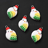 Christmas Opaque Resin Pendants, with Platinum Tone Iron Loops, Snowman with Tree Charm, White, 31x17.5x7mm, Hole: 2x2.5mm(RESI-G043-B02)