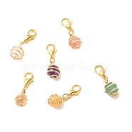 Round Gemstone Spiral Bead Cage Pendant Decorations, Lobster Clasp Charms, for Keychain, Purse, Backpack Ornament, 29mm, 6pcs/set(HJEW-JM00656)