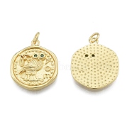 Brass Micro Pave Green Cubic Zirconia Pendants, with Jump Rings, Flat Round with Owl Pattern, Real 18K Gold Plated, 21x18x2.5mm, Hole: 3mm(KK-G431-19G)