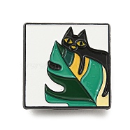 Square with Cat & Monstera Leaf Enamel Pins, Black Alloy Brooch for Backpack Clothes, Medium Sea Green, 25.5x25.5x1mm(JEWB-P024-B02)