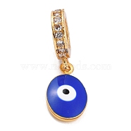 Brass Micro Pave Clear Cubic Zirconia European Dangle Charms, with Enamel, Long-Lasting Plated, Flat Round with Evil Eye, Golden, Blue, 20mm,  Flat Round: 11x6.5x3mm, Hole: 5mm(ZIRC-L097-050B-G)