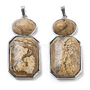 Natural Picture Jasper Human Body Shaped Pendants, Rack Plating Brass Oval & Rectangle Charms, Platinum, 50x22.5x8mm, Hole: 8x5mm(G-P552-03P-10)