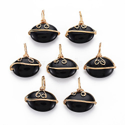 Natural Agate Pendants, with Golden Brass Findings, Dyed, Oval, Black, 22~24x20~21x6~8mm, Hole: 6~7x4~5mm(G-S359-293B)