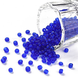 8/0 Glass Seed Beads, Frosted Colors, Round, Round Hole, Blue, 8/0, 3mm, Hole: 1mm, about 1111pcs/50g, 50g/bag, 18bags/2pounds(SEED-US0003-3mm-M8)