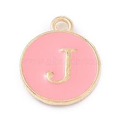 Golden Plated Alloy Enamel Charms, Enamelled Sequins, Flat Round with Alphabet, Letter.J, Pink, 14x12x2mm, Hole: 1.5mm(ENAM-Q437-14J)