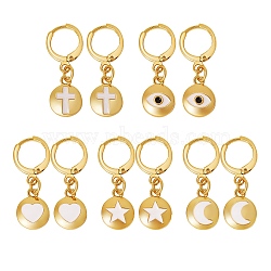 5Pairs 5 Styles Brass Huggie Hoop Earrings, with Enamel, Flat Round with Mixed Patterns, Real 18K Gold Plated, 25~26mm, Pin: 0.9mm, 1pair/style(EJEW-SZ0001-26G)