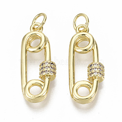 Brass Micro Pave Clear Cubic Zirconia Pendants, with Jump Rings, Safety Pin Shape, Nickel Free, Real 18K Gold Plated, 22x9x4mm, Jump Rings: 5x1mm, Inner Diameter: 3mm(KK-N227-22G-NF)