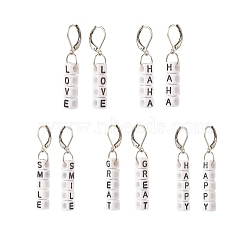 5Pair 5 Style Acrylic Cube Letter Beaded Dangle Leverback Earrings, 304 Stainless Steel Jewelry for Women, White, 42~48mm, Pin: 0.6mm, 1 Pair/style(EJEW-JE04836)