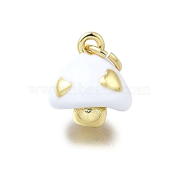 Brass Enamel Charms, with Jump Ring, Mushroom Charm, Long-Lasting Plated, Lead Free & Cadmium Free, Real 18K Gold Plated, Rack Plating, White, 11x9.5x7mm, Hole: 3mm(KK-K400-29G-01)