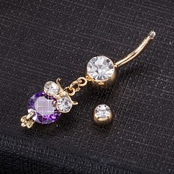 Piercing Jewelry, Brass Cubic Zirconia Navel Ring, Belly Rings, with 304 Stainless Steel Bar, Cadmium Free & Lead Free, Real 18K Gold Plated, Owl, Purple, 40x9mm, Bar Length: 3/8"(10mm), Bar: 14 Gauge(1.6mm)(AJEW-EE0003-36D)