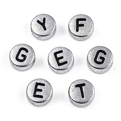 Silver Color Plated Acrylic Horizontal Hole Letter Beads, Flat Round, Random Mixed Letters, 7x3.5mm, Hole: 1.2mm, about 3600pcs/500g(MACR-T009-13)