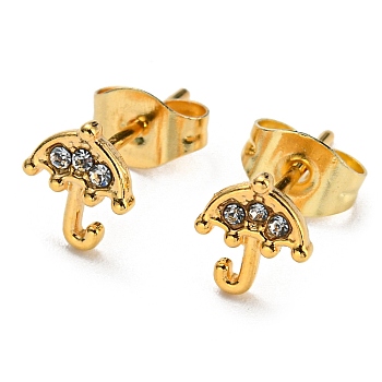 Vacuum Plating 304 Stainless Steel Stud Earrings with Rhinestone for Women, Umbrella, Golden, 7x6mm