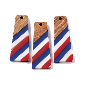 Independence Day Opaque Striped Resin & Walnut Wood Pendants, Geometric Charms, Trapezoid, 38x15x3.5mm, Hole: 2mm