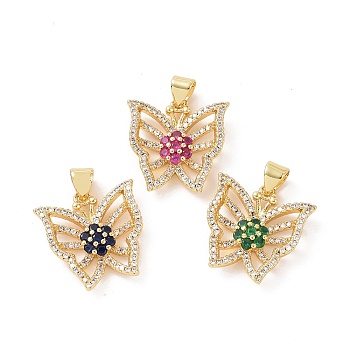 Brass Micro Pave Cubic Zirconia Pendants, Real 18K Gold Plated, Hollow Butterfly with Flower Charm, Mixed Color, 18.5x18x4mm, Hole: 3.5x4.5mm
