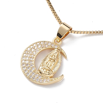 Clear Cubic Zirconia Religion Pendant Necklace, Golden 304 Stainless Steel Jewelry for Women, Moon, 16.26 inch(41.3cm), Pendant: 21x18x3.5mm