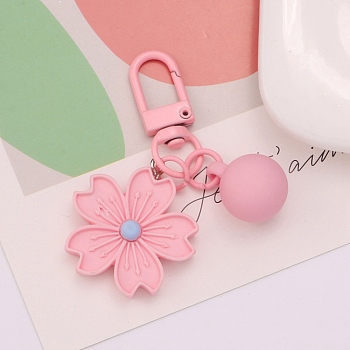 Resin Flower Pendant Decoration, with Bell and Swivel Snap Hooks Clasps, for Bag Ornaments, Pink, 31x15mm