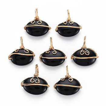 Natural Agate Pendants, with Golden Brass Findings, Dyed, Oval, Black, 22~24x20~21x6~8mm, Hole: 6~7x4~5mm