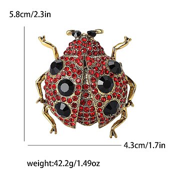 Alloy Rhinestone Brooch for Backpack Clothes, Ladybug, Golden, Jet, 58x43mm