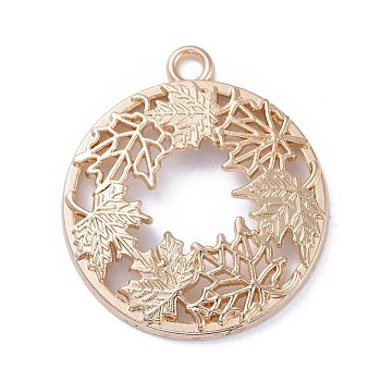 Autumn Theme Zinc Alloy Open Back Bezel Pendants, For DIY UV Resin, Epoxy Resin, Pressed Flower Jewelry, Flat Round with Maple Leaf, Light Gold, 34x30x3mm, Hole: 2.5mm