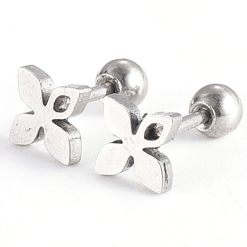 201 Stainless Steel Flower Barbell Cartilage Earrings, Screw Back Earrings, with 304 Stainless Steel Pins, Stainless Steel Color, 6x6x2mm, Pin: 1mm
