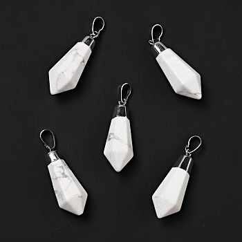 Natural Howlite Pointed Pendants, with Platinum Tone Brass Findings, Bullet, 35~36.5x13~13.5x12mm, Hole: 5x7mm