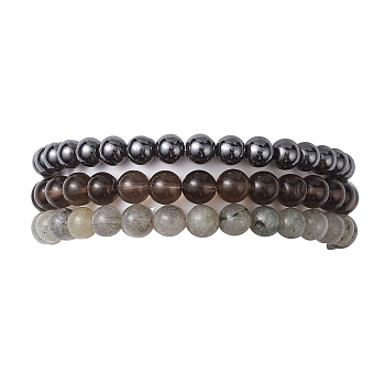 3Pcs 3 Style Natural & Synthetic Mixed Stone Round Beaded Stretch Bracelets, Stackable Bracelets, Inner Diameter: 2-3/8 inch(6cm), 1Pc/style