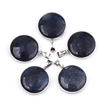 Natural Crackle Agate Pendants, with Platinum Plated Iron Bails and Settings, Flat Round, Dyed, Prussian Blue, 35~36x31x10~11mm, Hole: 6x9.5mm