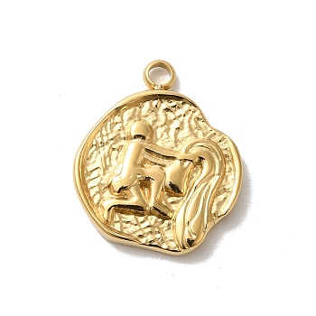 304 Stainless Steel Pendants, Textured Flat Round with Constellations Charm, Real 14K Gold Plated, Aquarius, 18x15x2mm, Hole: 1.8mm