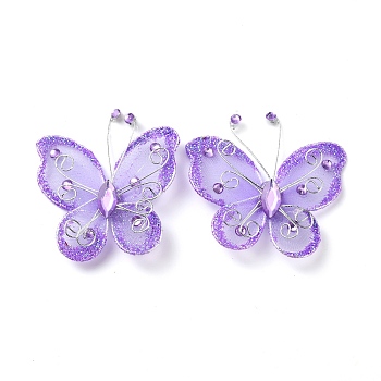 Butterfly Glitter Powder Gauze Costume Accessories, Sewing Craft Decoration, with Acrylic Rhinestone and Iron Wire, Blue Violet, 56x48x10.5mm