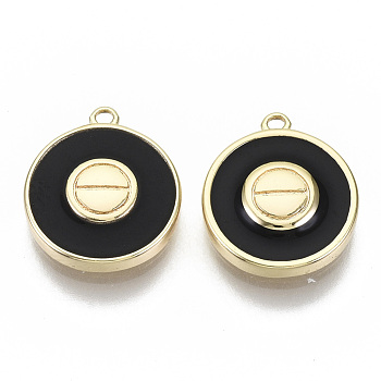 Brass Enamel Charms, Nickel Free, Flat Round with Screw Slotted Pattern, Real 18K Gold Plated, Black, 13x11x3mm, Hole: 1mm