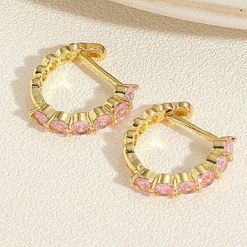 Golden Brass with Cubic Zircon Hoop Earrings, Rings, Pink, 19x18mm