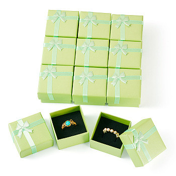 Cardboard Rins Boxes, with Sponge Inside, Square with Bowknot, Green Yellow, 5x5x3.2cm