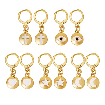 5Pairs 5 Styles Brass Huggie Hoop Earrings, with Enamel, Flat Round with Mixed Patterns, Real 18K Gold Plated, 25~26mm, Pin: 0.9mm, 1pair/style