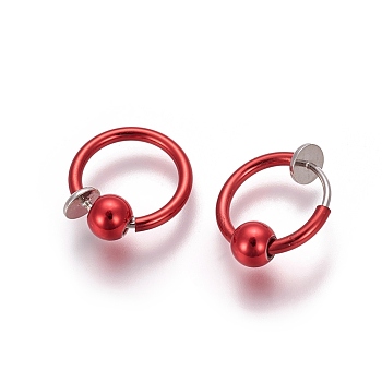 Electroplate Brass Retractable Clip-on Earrings, Non Piercing Spring Hoop Earrings, Cartilage Earring, with Removable Beads, Red, 12.6x0.8~1.6mm, Clip Pad: 4.5mm