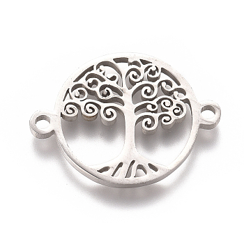 Stainless Steel Links connectors, Flat Round with Tree of Life, Stainless Steel Color, 16x21x1mm, Hole: 1.5mm