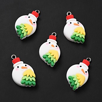 Christmas Opaque Resin Pendants, with Platinum Tone Iron Loops, Snowman with Tree Charm, White, 31x17.5x7mm, Hole: 2x2.5mm
