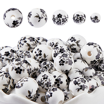 100Pcs 4 Colors Floral Printed Porcelain Beads, Flower Patterned Ceramic Beads, Round, Black, 6~12mm, Hole: 2~3mm, 25pcs/style
