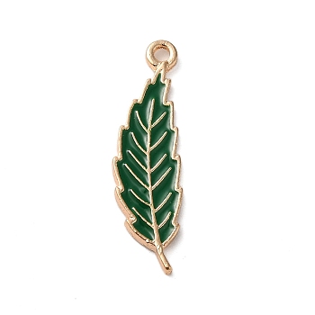 Thanksgiving Day Theme Alloy Enamel Pendants, Golden, Leaf Charm, Sea Green, 28x8x1.5mm, Hole: 1.6mm