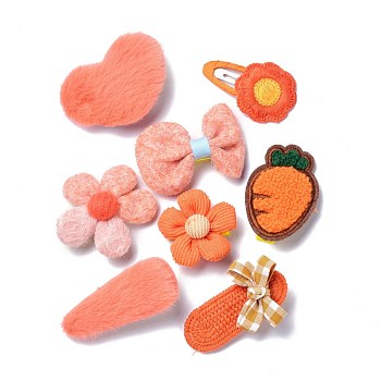 kids Hair Clips Sets, Iron Snap Hair Clips & Alligator Hair Clips, with Wool and Cloth, Bowknot & Flower & Butterfly & Heart & Teardrop & Carrot & Oval, Tomato, 43~74x29~57x3~22mm, 8pcs/set
