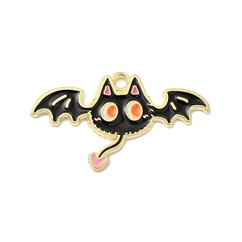 Halloween Theme Alloy Enamel Pendants, Light Gold, Cat Charm, Bat Pattern, 19x34x1.5mm, Hole: 2mm