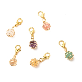 Round Gemstone Spiral Bead Cage Pendant Decorations, Lobster Clasp Charms, for Keychain, Purse, Backpack Ornament, 29mm, 6pcs/set