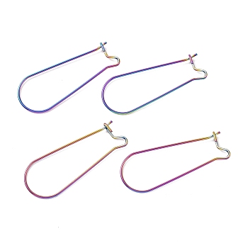 Ion Plating(IP) 304 Stainless Steel Hoop Earrings Findings Kidney Ear Wires, Rainbow Color, 33x13x0.7mm, 21 Gauge