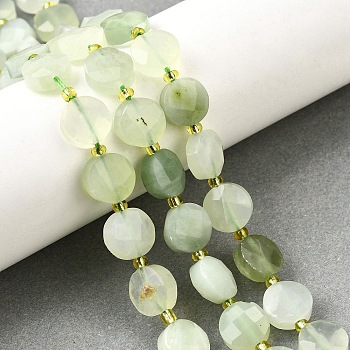 Natural New Jade Beads Strands, Faceted Coin Beads, Flat Round, with Seed Beads, 10x5mm, Hole: 1mm, about 32~33pcs/strand, 14.96~15.55''(38~39.5cm)