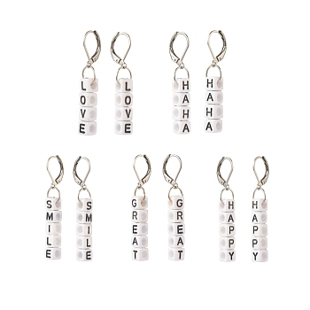 5Pair 5 Style Acrylic Cube Letter Beaded Dangle Leverback Earrings, 304 Stainless Steel Jewelry for Women, White, 42~48mm, Pin: 0.6mm, 1 Pair/style