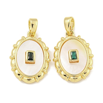 Brass with Cubic Zirconia with Sea Shell Pendant, Oval, Green, Real 18K Gold Plated, 18.5x13.5x4.5mm, Hole: 5x3mm